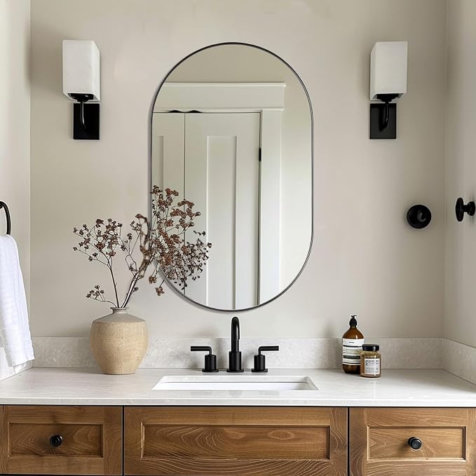 ANDY STAR Black Oval Mirror, 20x33’’ Oval Mirrors for Bathroom, Pill Shaped Mirror, Black Mirror Vanity, Modern Black Mirror for Bathroom Stainless Steel Metal Framed Wall-Mounted Mirrors