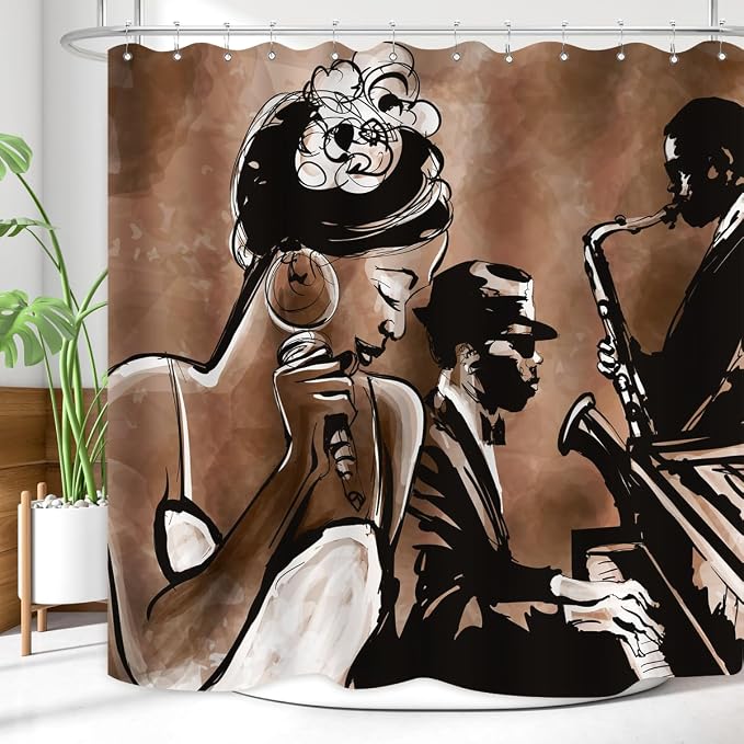 American Woman Jazz Shower Curtain African Black Girl Singing Jazzist Afrocentric Black Art Grunge Style Waterproof Fabric Bathroom Decor 72x72 Inch Brown Plastic Hooks 12