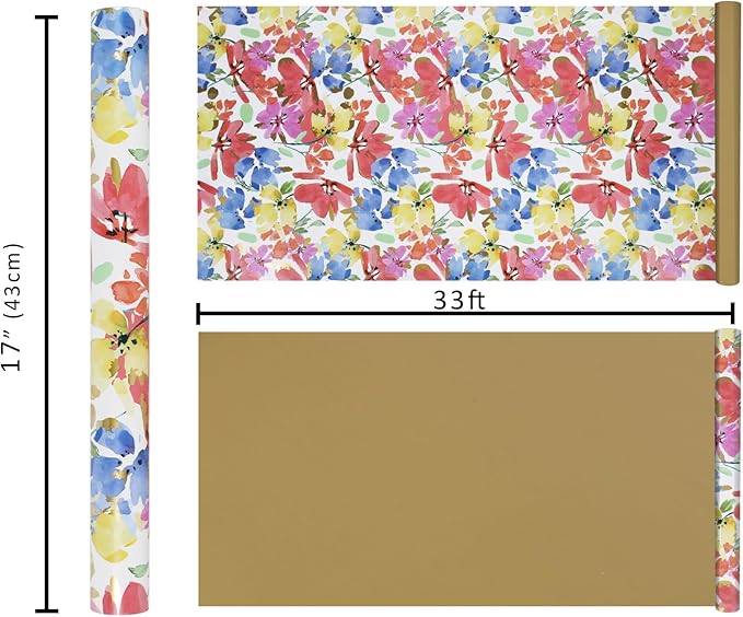 BIOBROWN Reversible Floral Wrapping Paper Roll - 17 Inches X 33 Feet (47 sq. ft. ttl.) Watercolor Abstract Poppy Design Flower Gift Wrap for Wedding, Bridal Shower, Mother's Day,Engagement