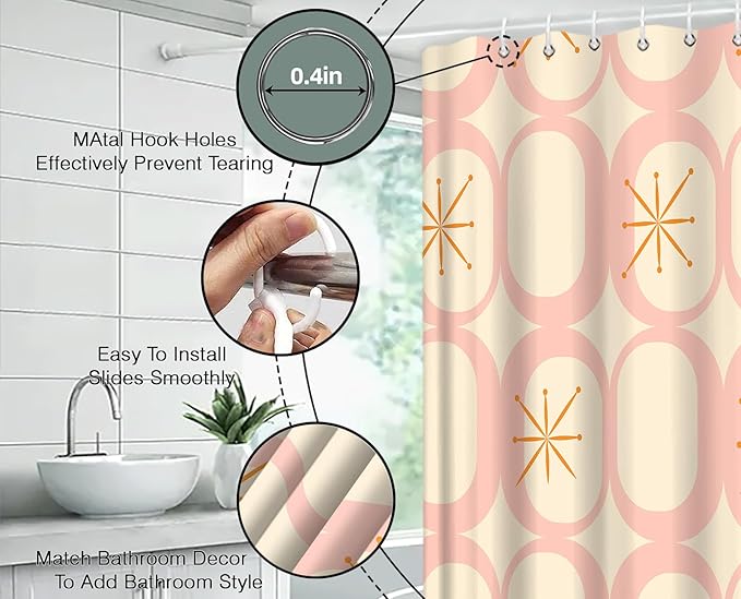 Mid Century Shower Curtain Modern Abstract Atomic Starbursts Squares Retro 50s Geometric Bathroom Decor Polyester Curtains with Hooks