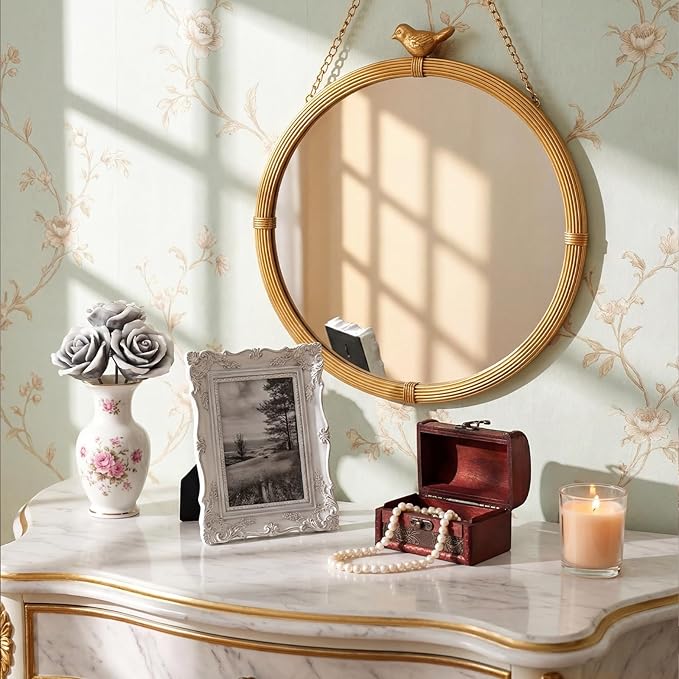 Vercraft Vintage Gold Decorative Wall Mirror with Bird Accent, 20" Large Round Hanging Mirror with Chain, Antique Style Metal Frame Accent Mirrors for Entryway Bedroom Bathroom