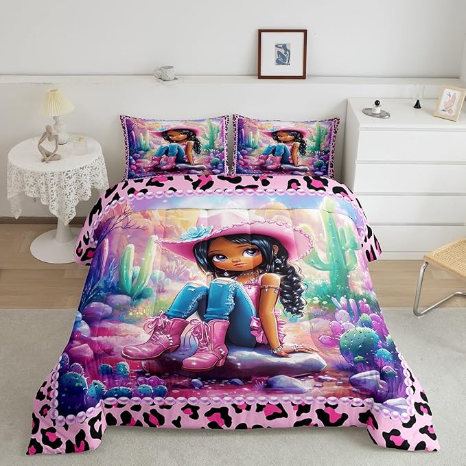 Western Cowgirl Comforter Set King Size,Reversible Cute Girl Cactus American Style Bedding Set All Season Quilt Set,African Pink Leopard Print Plaid Black Microfiber Polyester Down Comforter