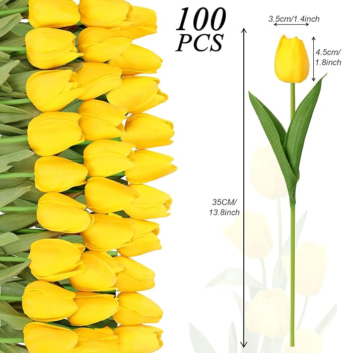 Janinka 100pcs Artificial Tulip Flowers Fake PU Tulips Faux Latex Bouquet Flower Centerpieces Arrangement Floral for Mother Day Wedding Spring Decorations (Yellow)