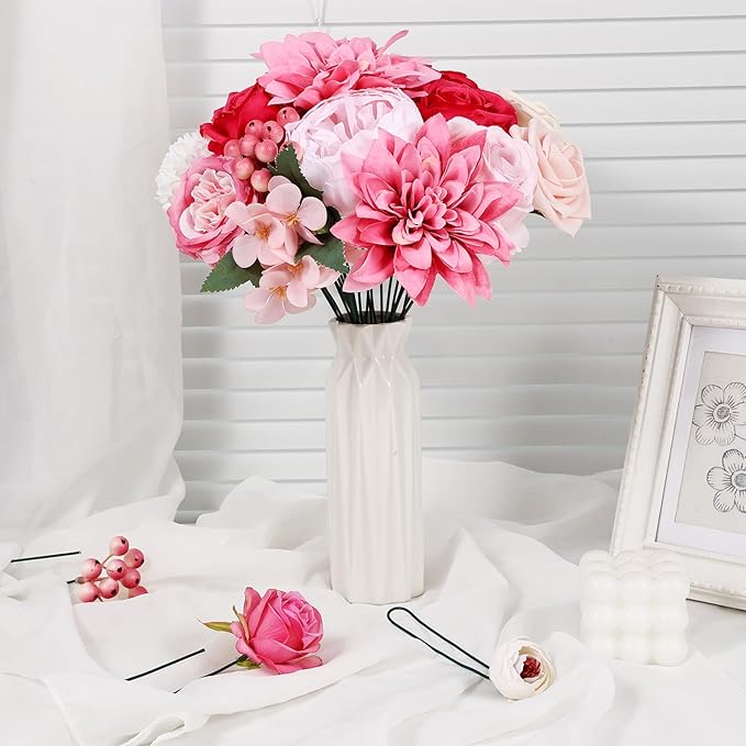 Artificial Flower Box Set – Faux Floral Bouquet for Party&Table Centerpieces, Realistic Pink Flowers Artificial for Home & Wedding Decoration,Bulk Fake Flowers with Stems
