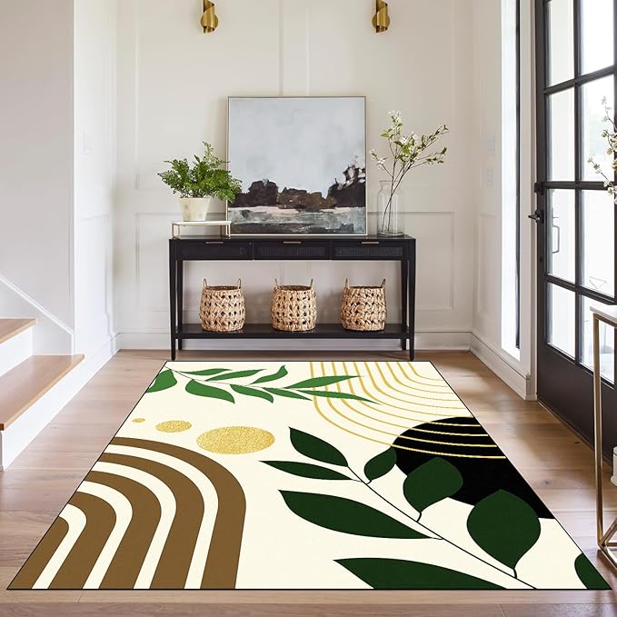 Modern Abstract Rug Geometric Area Rug Boho Green Leaf Floor Mat Soft Washable Carpet for Entryway Bedroom Living Room Kitchen Home Decor 3'x5'