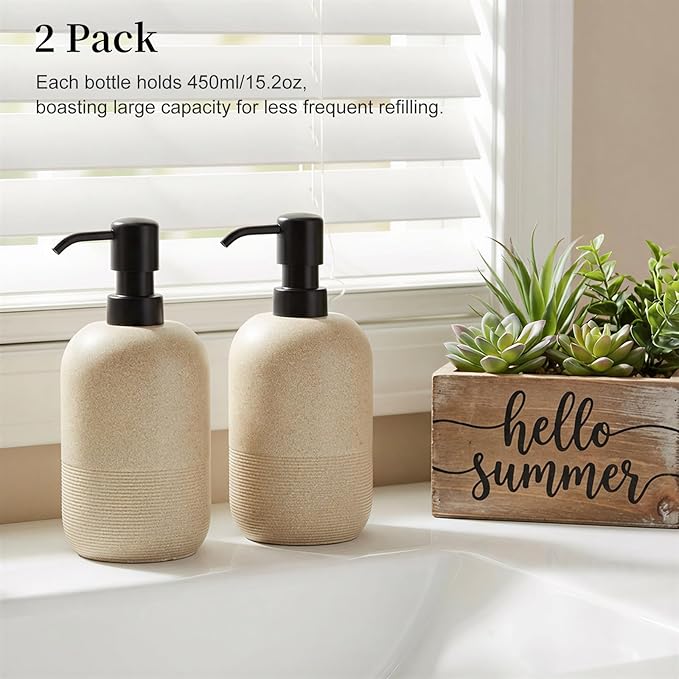 Luxspire 2 Set Soap Dispenser Cylinder-Shaped Resin and Gravel Liquid Soap Dispenser with Pump, 450ml Shampoo Container, Decorative Hand Soap Bottle for Bathroom, Kitchen and Hotel, Beige
