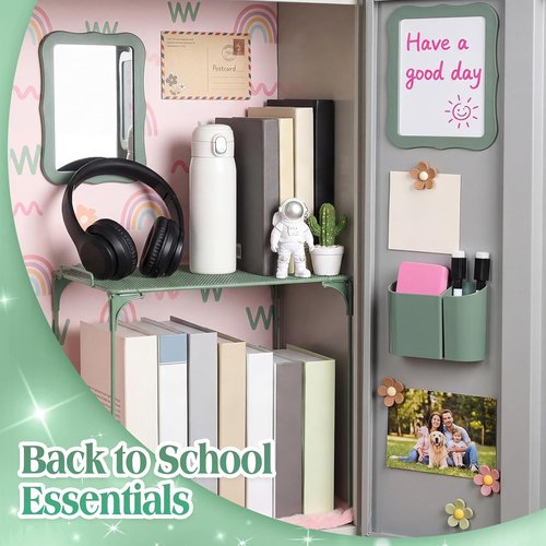 Colarr 16 Pcs Dark Green Locker Accessories Set - Magnetic Whiteboard, Mirror & Flower Decor