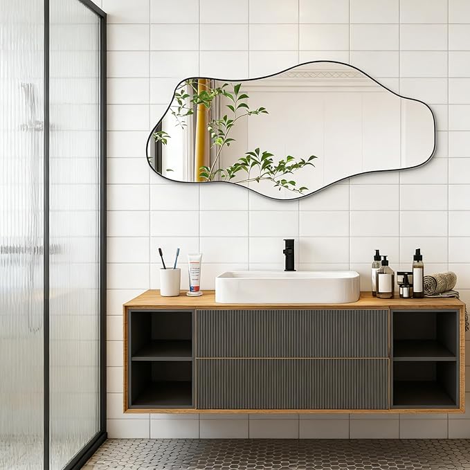 Irregular Frameless Mirror, 35.8"x17.7" Asymmetrical Tempered Glass Mirror, Modern Organic Shaped Wall Mirrors for Entryway Bedroom Living Room Bathroom, Horizontal or Vertical Hanging