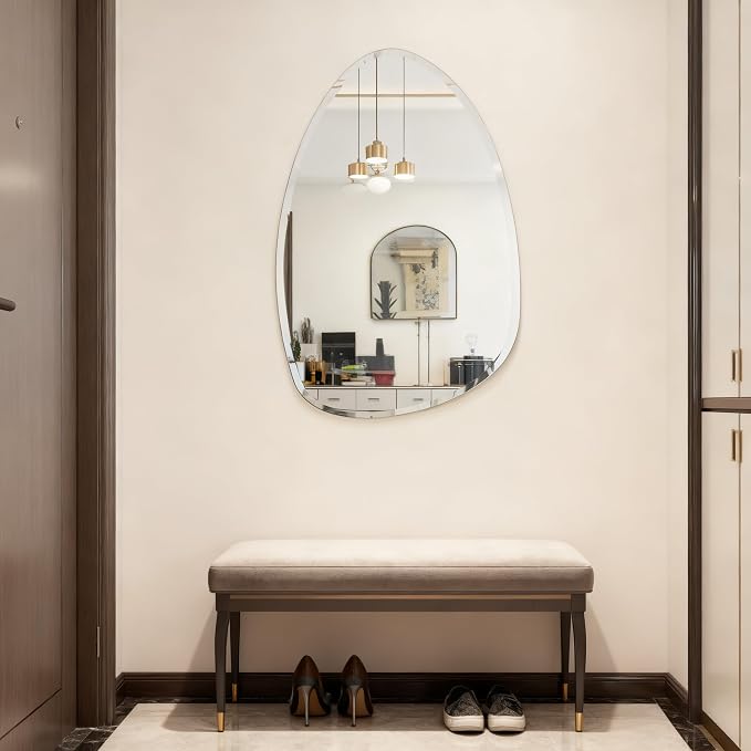 Frameless Asymmetrical Teardrop Shaped Wall Mirror, 20x28 Inch Beveled Edge Decorative Vanity Mirror for Bathroom, Bedroom, Entryway