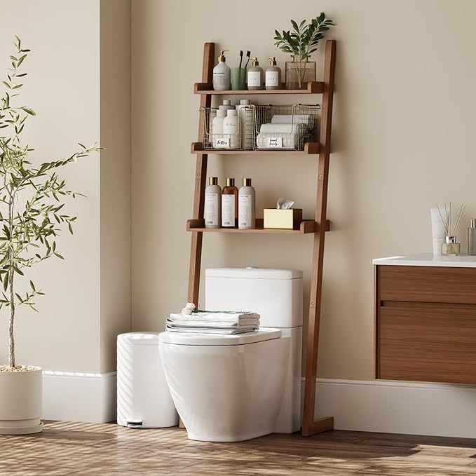 Over The Toilet Storage Shelf Wood, 3-Tier Above Toilet Organizer Rack, Freestanding Above Toilet Shelf for Bathroom, Laundry, Space Saver, Walnut Color.