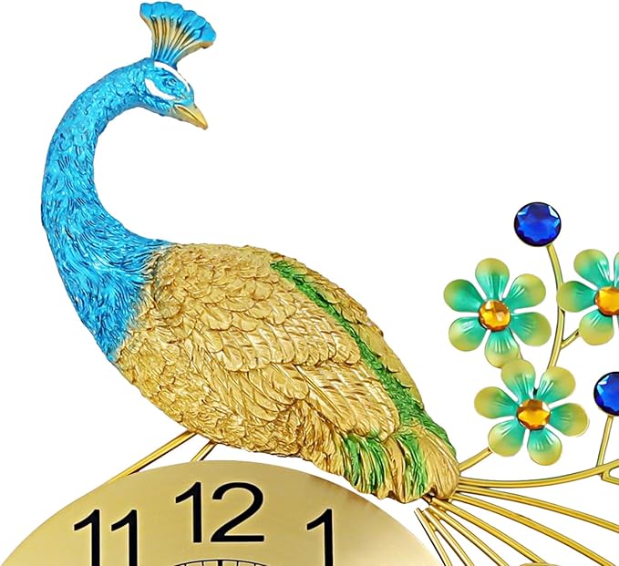 29.5" Large Peacock Wall Clock Crystal Decor, 3D Creative Luxury Wall Clock Silent Non-Ticking Battery Operated Living Room Decor Big Clock