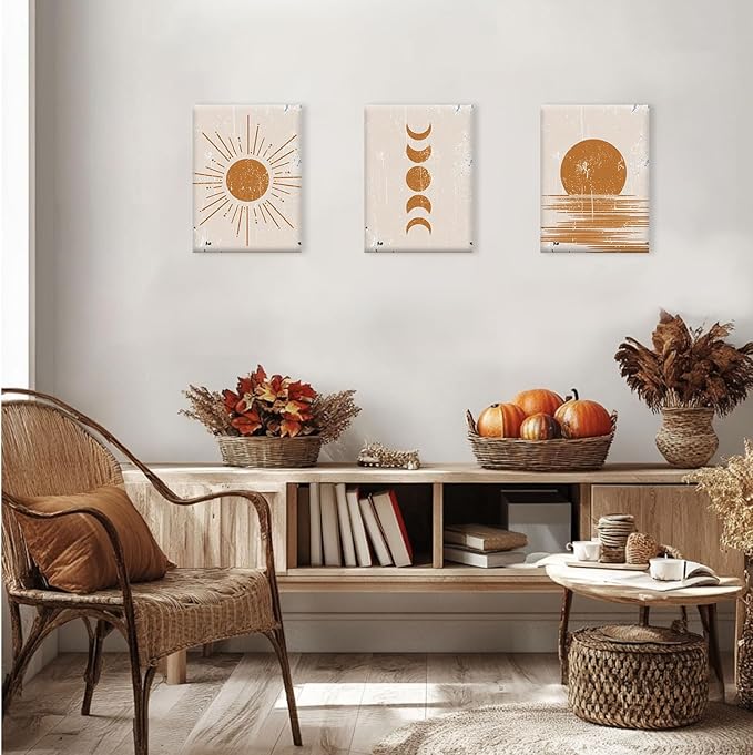 Boho Wall Art Abstract Sunshine Prints Pictures Minimalist Moon Phase Wall Decor Geometric Mid Century Sunset Canvas Paintings Artwork for Bathroom Office Living Room Bedroom Home Decoration 12x16"