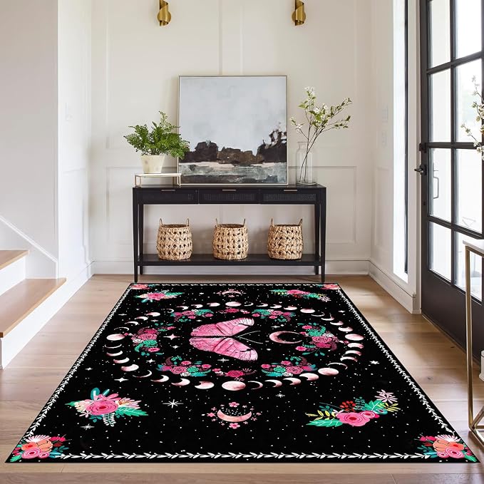 Pink Butterfly Area Rug 3'x5' Moon Phase Floral Rugs for Entryway Bedroom Living Room Kitchen Home Decor Boho Gothic Butterfly Carpet Non-Slip Washable Floor Mat
