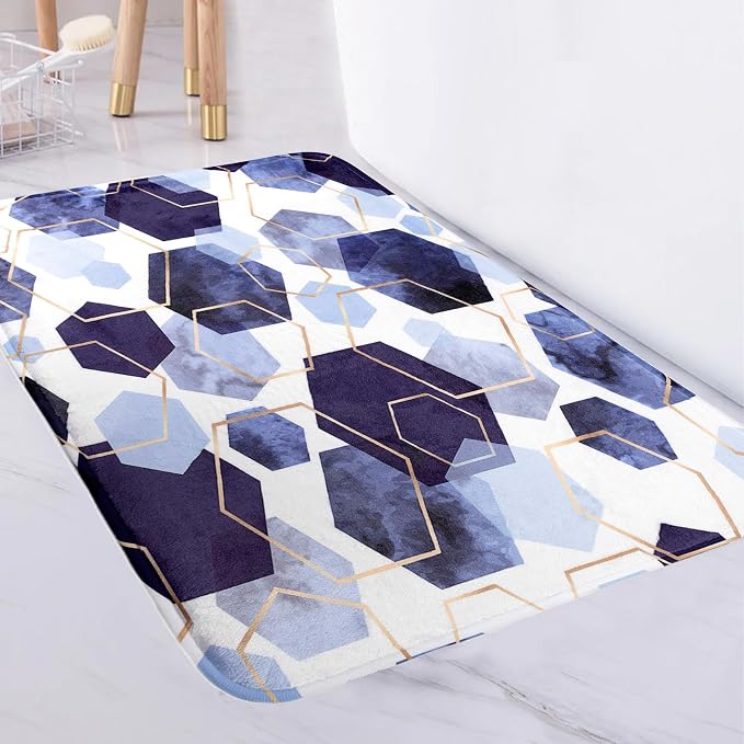 LB Navy Blue Marble Bath Mat for Bathroom Abstract Geometric Non Slip Floor Rug Gold Honeycomb Hexagon Doormat Super Absorbent Memory Foam Living Room Bedroom Door Front Area Rugs,31.5x19.6 Inch