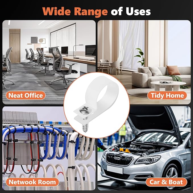 292PCS Cable Clamps, Cable Clips for Management Cord Organizer, 6 Sizes-3/16'' 1/4'' 3/8'' 1/2'' 3/4'' 1'' White PA66 Nylon R-Type Plastic Screw Mounting Cord Clamp Assortment Kit with M4 Screws