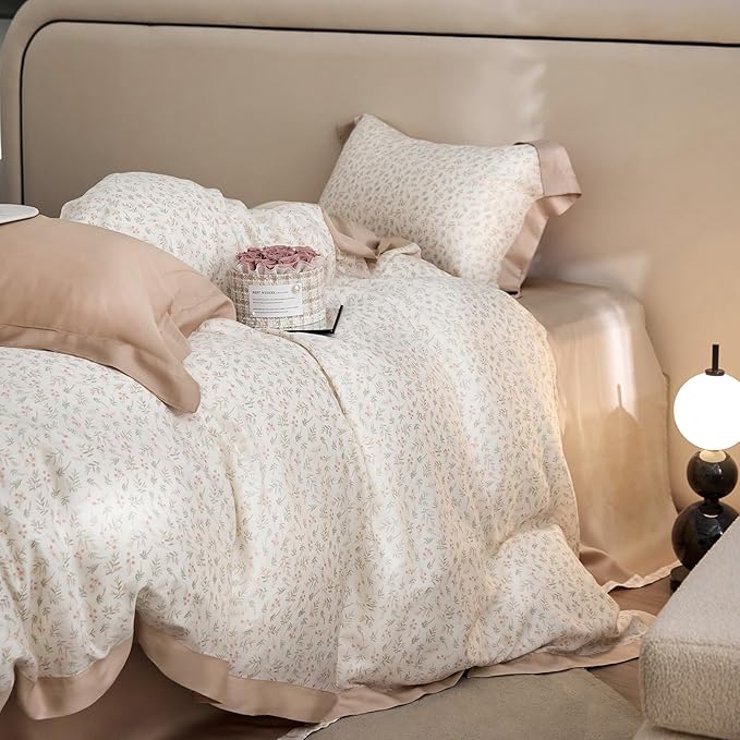 VM VOUGEMARKET Girls Pink Flower Leaves Duvet Cover Set Queen Princess Lace Bedding Set Cooling Silky Lyocell Duvet Cover with Zipper Closure-Blush Pink,90x90 Inch