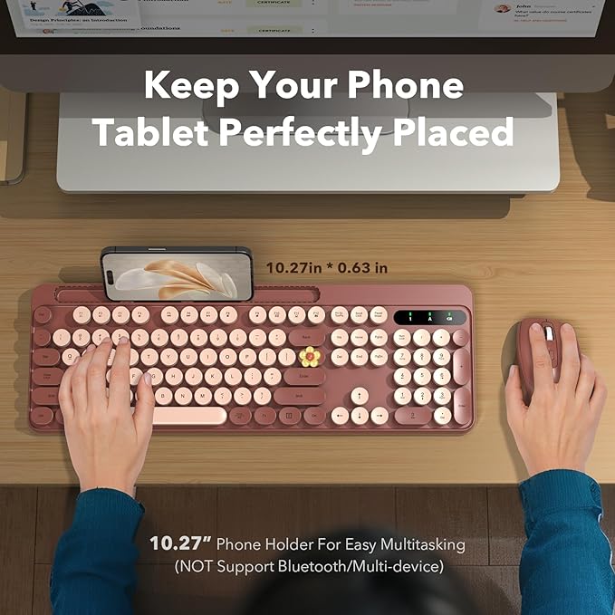 Wireless Keyboard and Mouse Combo, Retro Round Keycaps, Full-Size Cute Typewriter Keyboard with Large Phone/Tablet Holder, Auto-Sleep, 2.4GHz Cordless Connection for Windows/PC/Laptop (Wine Red)