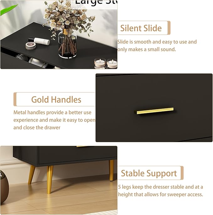 Dresser for Bedroom, 6 Drawer Black Wood Dresser with Golden Handles, Modern Wide Dressers & Chests of Storage Organizer Drawer for Entryway Hallway