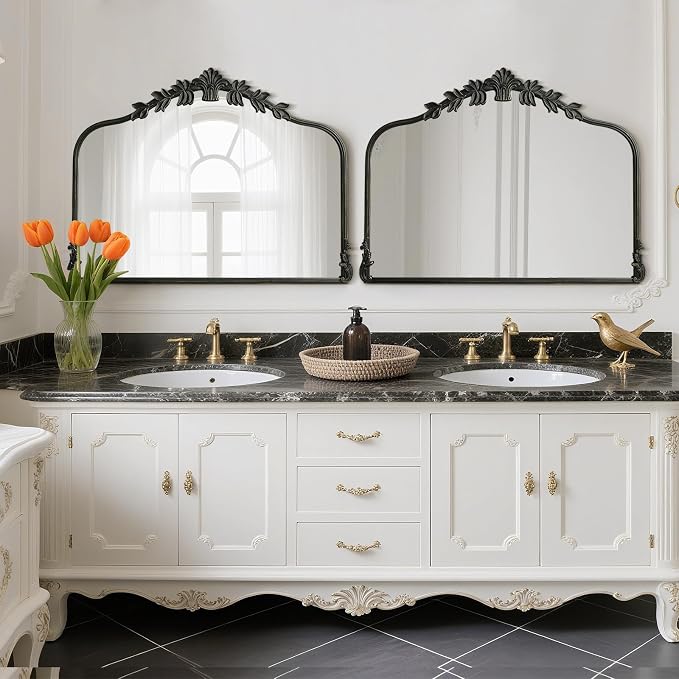 WallBeyond Black Antique Mirror for Vanity 32x24 Inch, Black Vintage Mirror with Ornate Frame, Arched Vintage Wall for Bathroom, Living Room, Fireplace