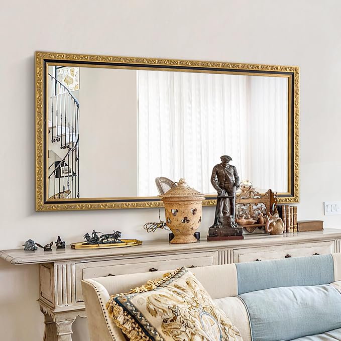 Large Antique Wall Decorative Mirror, 46'' x 22'' Black Gold Retro Wall Decor Mirror, Rectangular Vintage Gold Mirrors for Bathroom, Entryway, Dining Room, Fireplace