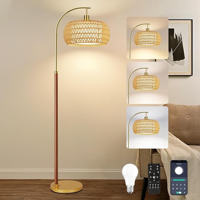 Wood Arc Floor Lamps for Living Room,Boho Rattan Floor Lamp with Remote Control & 3 Color Temperatures,Dimmable Mid Century Modern Standing Lamp Farmhouse Vintage Tall Floor Lamp For Bedroom Corner