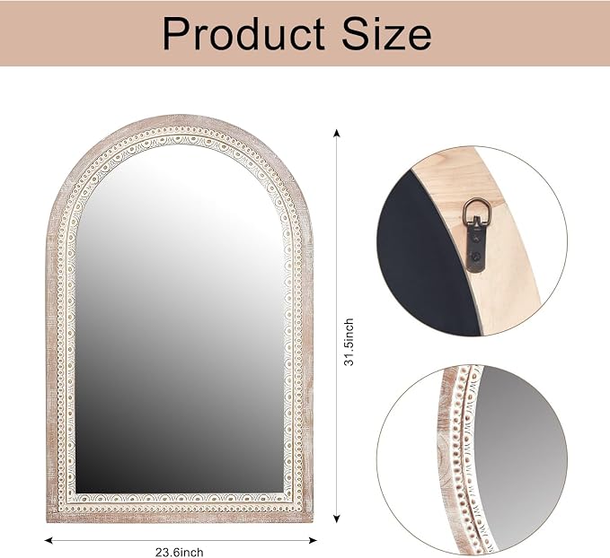24 * 32 inch Arched Wall Mounted Mirror, Wood Decorative Mirrors, Boho Mirrors with Beaded Frame, Rustic Vanity Mirror, Distressed Mirror for Bathroom, Living Room, Bedroom, Entryway