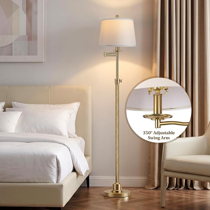Vintage Floor Lamp for living room, Brushed Antique Brass Farmhouse Standing Lamp with 350° Swivel Swing Arm, 56.6''-66'' Mid Century Modern Height Adjustable Tall Lamp for Bedroom (LED Bulb Included)
