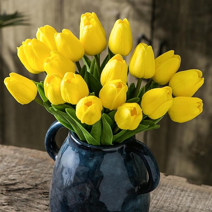 20pcs Yellow Artificial Tulip Flowers, Silk Fake Flowers 13" for Mother's Day, Easter, Valentine’s Day Gifts in Bulk, Home, Kitchen, Wedding Decorations