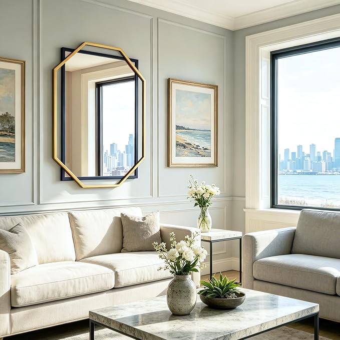 Modern Bathroom Mirror, 36" x 24" Black and Gold Decorative Wall Mirror with Modern Octagonal Metal Frame, for Living Room, Dining Room, Entryway