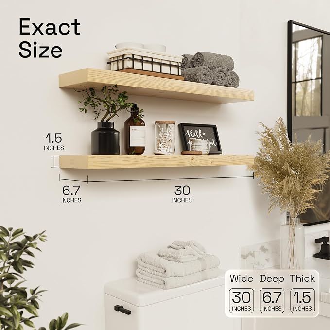 BAOBAB WORKSHOP Solid Wood Floating Shelves for Wall 30 Inches Long, Wooden Shelf Bathroom Large, Light Oak Floating Shelves for Room Wall Mounted Kitchen Farmhouse, Natural Wood, 30W × 6.7D, Set of 2