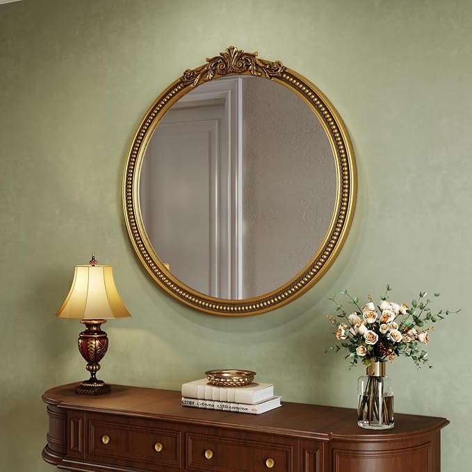 CozyDH Retro Gold Round Wall Mirror Decor - 24x24 inch Ornate Baroque Style Beaded Soli Wood Frame - Vintage Home Decor for Entryway, Foyer, Fireplace, Living Room, Hallway