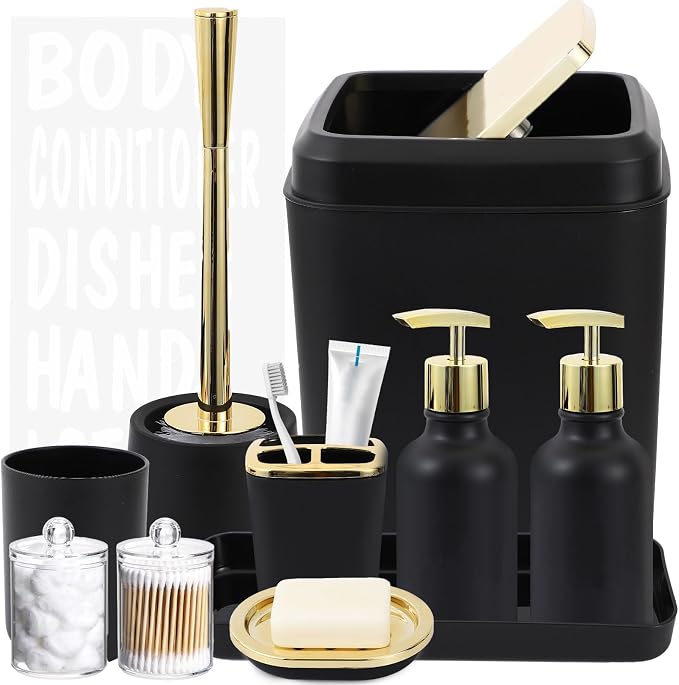 XLHOMO Black and Gold Bathroom Accessories Set - 10 Piece Bathroom Sets with Trash Can, Soap Dispenser, Soap Dish, Toothbrush Holder and Cup, Toilet Brush, Qtip Holder, Bathroom Accessory Set Complete