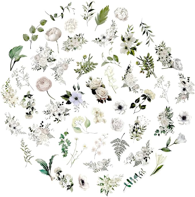 Obujopal 100 Pcs Daisy Camellia Stickers, White Flower Stickers for Scrapbooking Junk Journal Notebook Diary Planner Letter Envelope Water Bottle Phone Case Craft Decoration, 50 Patterns