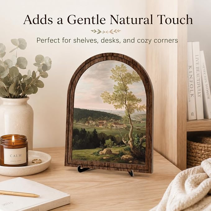 Rustic Farmhouse Tabletop Decor Sign, Arched Wooden Frame Countryside Village Landscape Artwork for Living Room Dining Room Bedroom, Charming Gift Idea