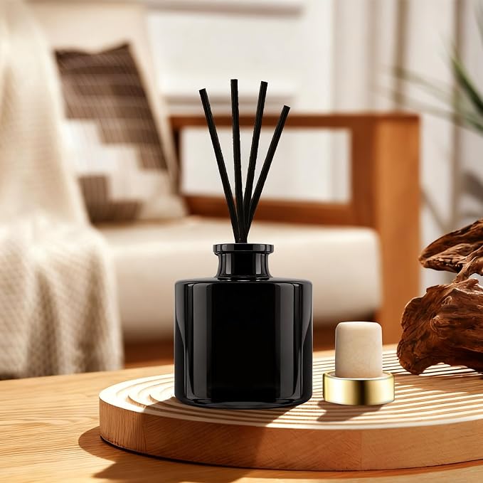 Black Glass Diffuser Bottles Round Diffuser Jars with Gold Caps Set of 4 – 2.95 inches High, 100ml 3.4ounce. Fragrance Accessories Use for DIY Replacement Reed Diffuser Sets.