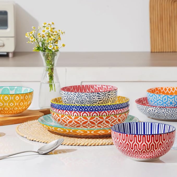 Selamica Ceramic Plates and Bowls Sets,32 Pieces Dinnerware Sets for 8,Scratch Resistant Dish Set for family gathering,Dishwasher & Microwave Safe, Assorted Colors