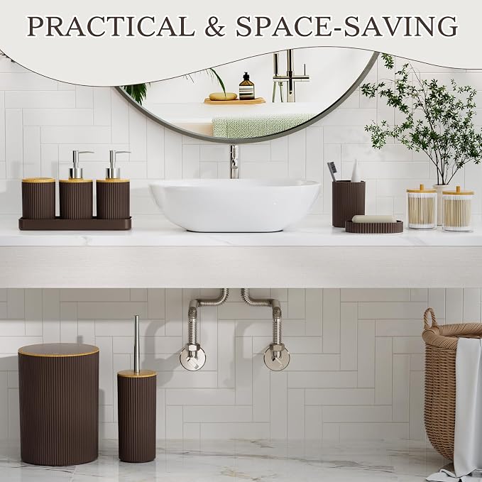 10PC Bathroom Accessories Set - Brown and Wooden Bathroom Sets, Bathroom Accessory Set with Pop Up Trash Can, Toilet Brush, Trash Can, Qtip Holder & Soap Dispenser