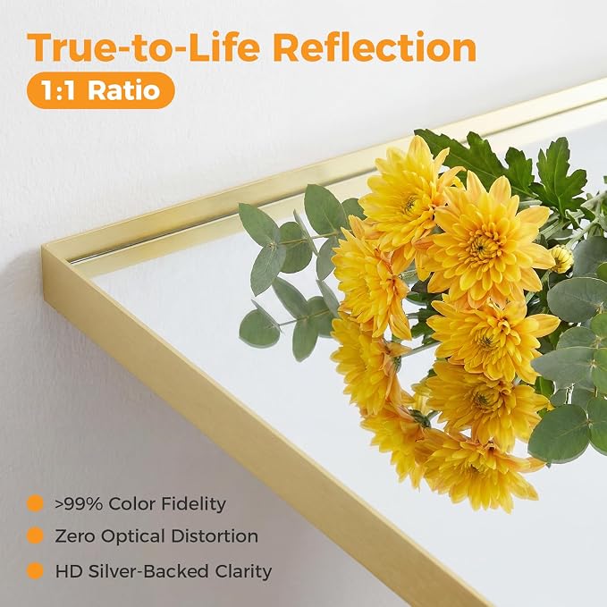 Sweetcrispy Bathroom Mirrors for Over Sink, 24" x 36" Rectangle Wall Mount Mirror with Metal Frame, Modern Vanity Mirror with Tempered Glass, for Home Decor, Anti-Rust, Gold