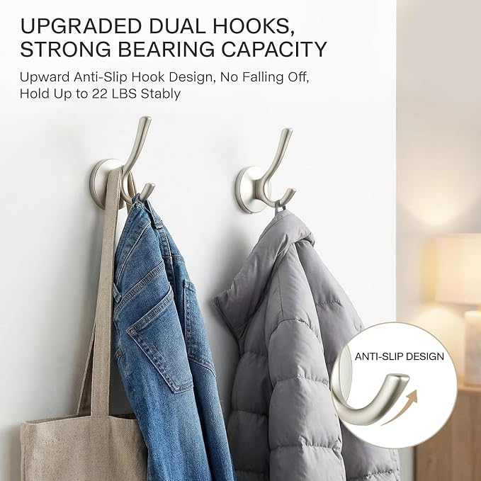 Matte Silver Towel Hooks 4 Pack, Heavy Duty Zinc Alloy Double Prong Coat Robe Hooks, Wall Mounted Towel Hooks for Bathroom, Kitchen, Closet, Garage, Entryway (195silver)