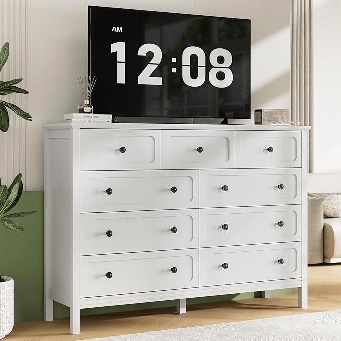White Dresser for Bedoom, Modern Chest of Drawers, Wood 9 Drawer Dresser with Metal Handles, Modern Dressers & Chest of Drawers for Living Room, Hallway, Entryway
