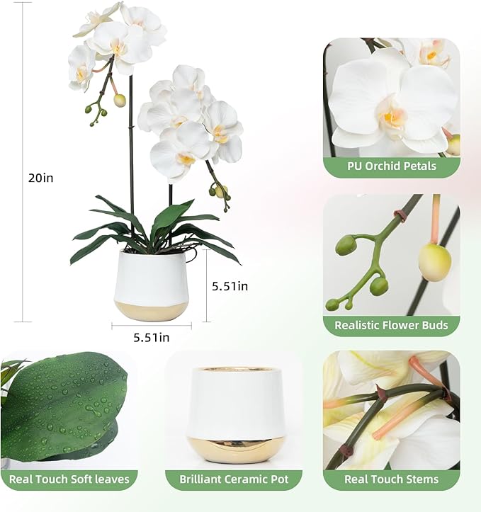CXGS Orchids Artificial Flowers Realistic Fake Flowers in Ceramic Pot 20" White Lifelike Faux Floral Arrangement Soft PU Phalaenopsis for Home Hotel Indoor Decor, Centerpiece Display