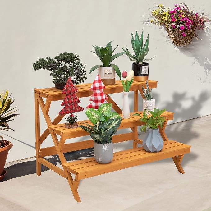 3 Tier Wood Plant Stand Indoor Outdoor, Ladder Large Multi Tiered Plant Holder, Wooden, Display Storage Shelf, 35.43"×23.62"×23.62", 3 Layered Step Plant Rack, Stair Plant Stand