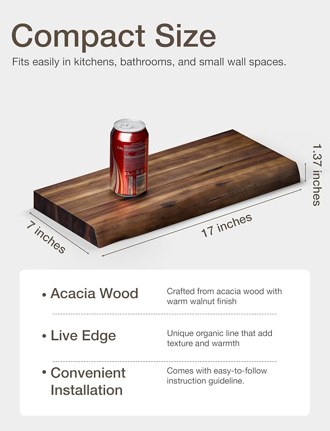 BATODA 17” Acacia Live Edge Floating Shelves, Wooden Floating Shelves for Wall - Floating Book Shelves, Book Shelf for Bathroom, Kitchen - Wall Mounted Shelf for House Decor (Walnut Color)
