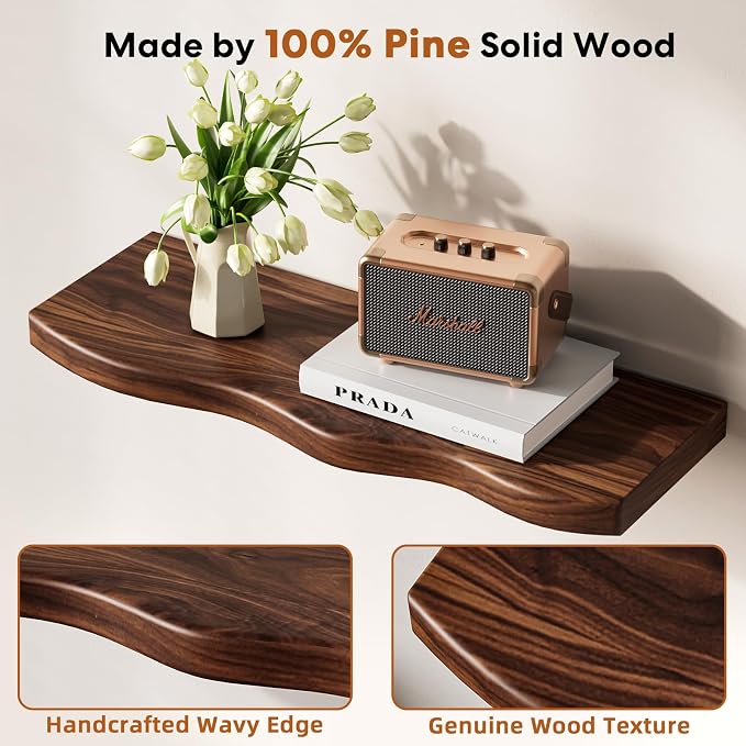 Floating Shelves for Wall 24 Inch Wooden Floating Shelves Live Edge Shelf with Unique Natural Grain Wall Mounted Rustic Pine Wood Shelf for Living Room Bedroom Kitchen Bathroom (Walnut Brown)