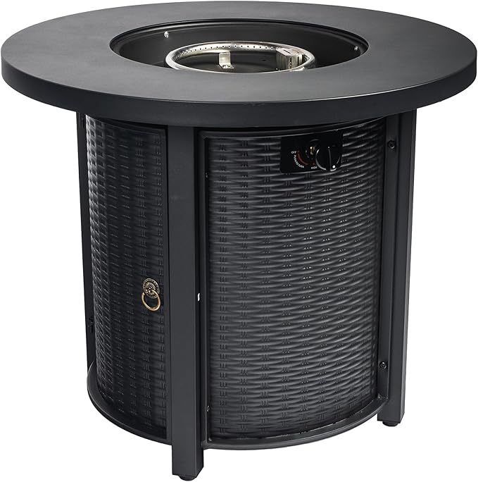 30" Propane Gas Fire Pit Table, 50000 BTU Round Steel Fire Pit with Lid & Glass 2 in 1 Fire Pit Table Rock for Outside Patio Deck Garden Courtyard