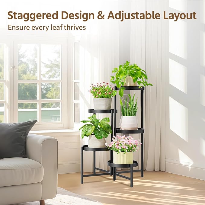 LASZOLA 5 Tier Large Plant Stand Indoor Tall with 10 Inch Metal Tray, Corner Folding Flower Display Rack, Modern Plant Holder Shelf for Outdoor Patio Porch Garden Office Living Room, Black