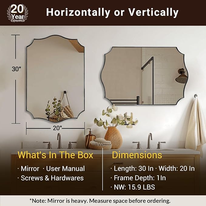 ANDY STAR 20"x30" Brushed Nickel Bathroom Mirror, Scalloped Mirror for Bathroom Vanity, Modern Silver Mirror in Rustproof Stainless Steel Frame, Elegant Curved Scallop Design, Ideal for Home Remodel