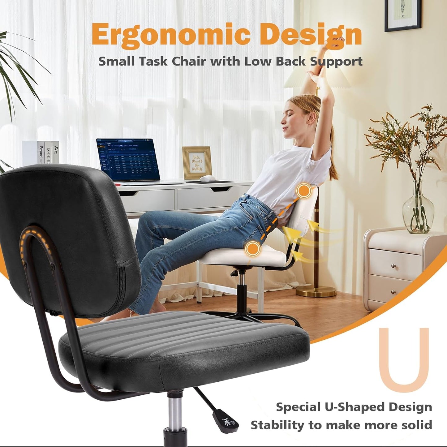 Sweetcrispy Small Office Desk Chair - Armless PU Leather with Comfy Lumbar Support | Height Adjustable, Black