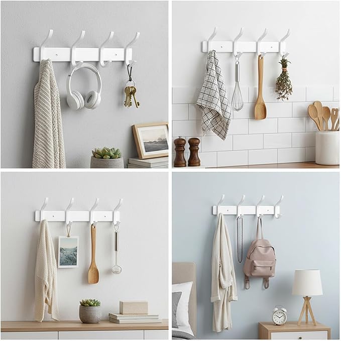 HAMUTH White Wall Hooks Heavy Duty, 12 Inch Coat Hooks Wall Mount with 4 Hooks, Wall Hooks Hangers for Entryway, Bathroom - for Hanging Backpack, Bag, Coat, Purse, Hat, Towel, Clothes