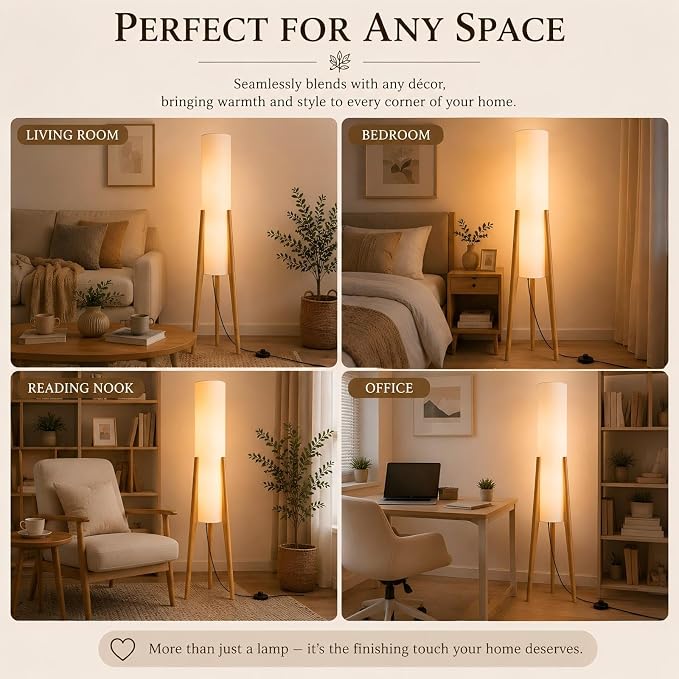 BOFEA-50 Floor Lamps for Living Room,Nordic Modern Floor Lamp,Tall Standing Boho Lamp with Fabric Shade,3 Color Art Standing Lamps,Farmhouse Wood Floor Lamp for Bedroom Office Corner